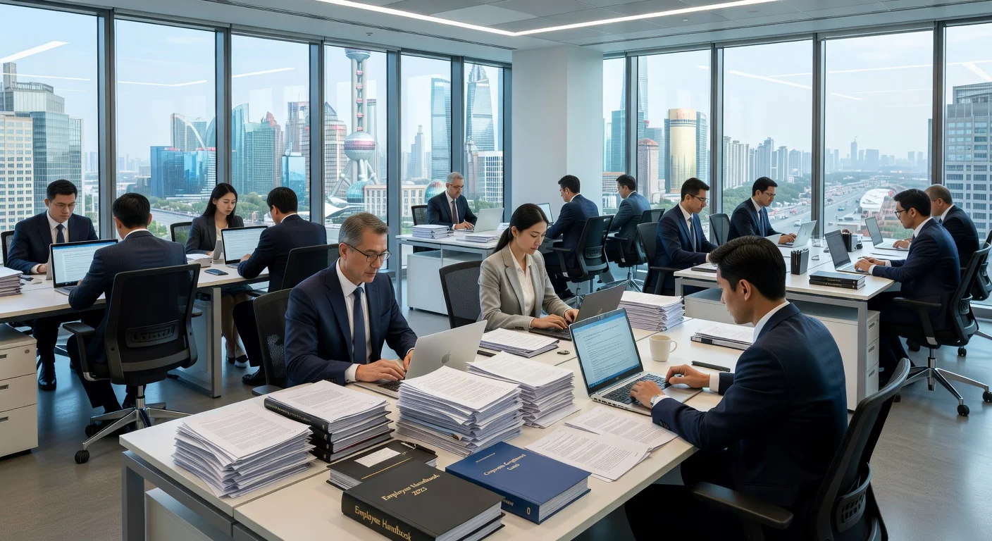 Chinese corporate office with document stacks