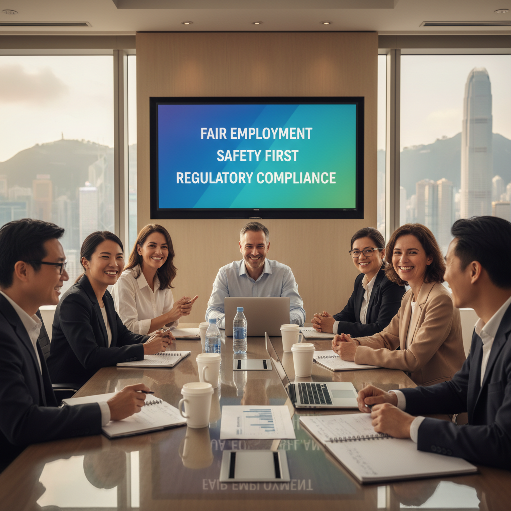 A photorealistic image of a diverse group of professional adults in a modern Hong Kong office environment, engaged in a collaborative meeting around a conference table, symbolizing workplace harmony, compliance, and employee relations as guided by legal handbooks. The scene includes adults of various ethnicities in business attire, discussing with smiles, with subtle Hong Kong cityscape visible through large windows in the background. No children are present. The image is strictly photorealistic, like a high-resolution photograph, not a graphic, drawing, or illustration.