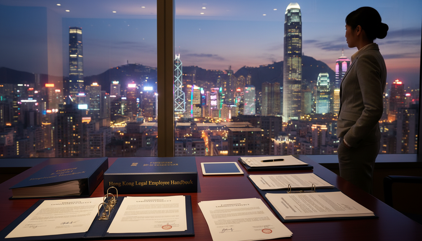 Hong Kong skyline with legal documents