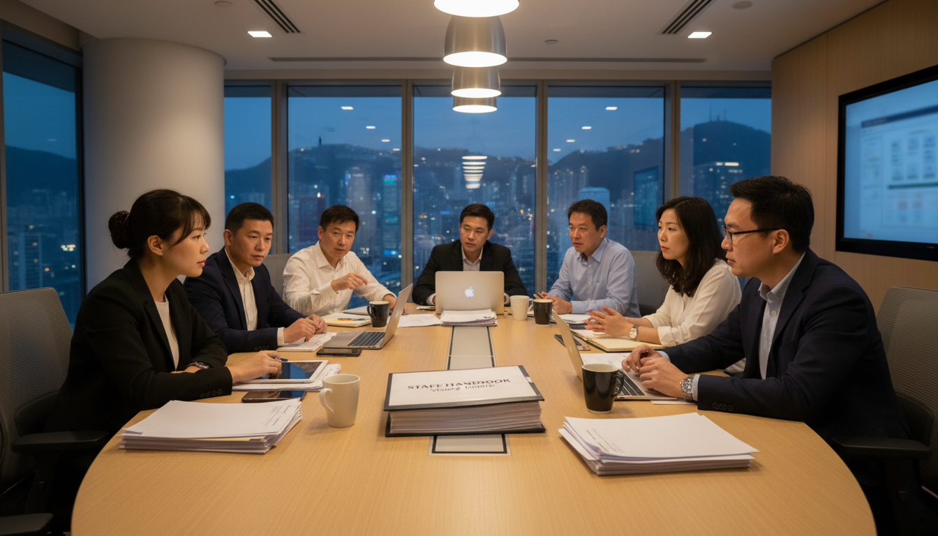 Team discussing employee handbook rules