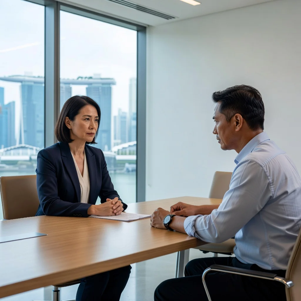 A photorealistic image of a professional business meeting in a modern Singapore office, where an HR manager is calmly discussing employment terms with an adult employee, symbolizing the professional handling of termination processes under the Employment Act, with no children present and a subtle nod to Singapore's urban skyline in the background.