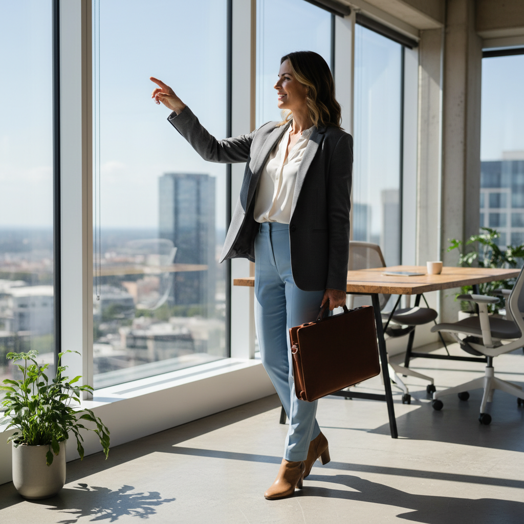 A photorealistic image of a professional adult in a modern office setting, looking relieved and empowered after deciding to end an employment relationship, symbolizing the purpose of a termination letter without showing any documents.