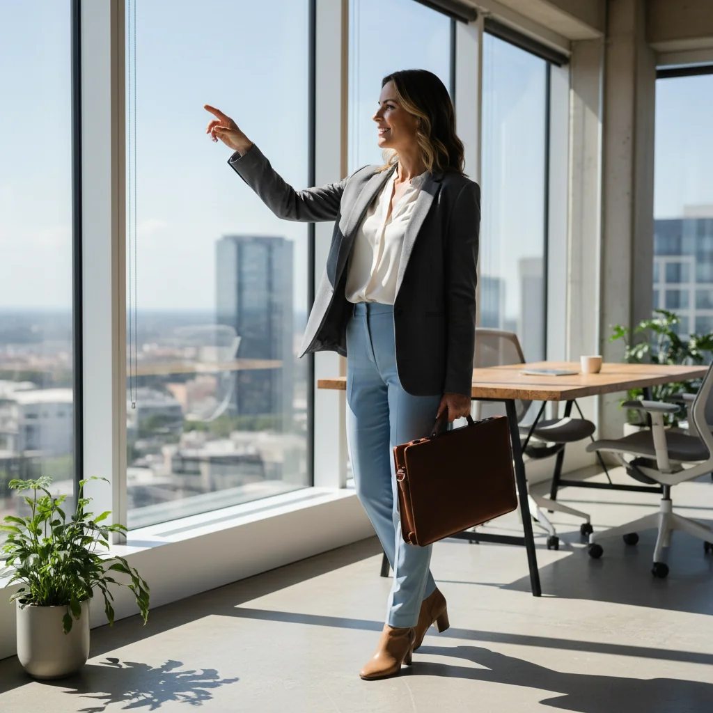 A photorealistic image of a professional adult in a modern office setting, looking relieved and empowered after deciding to end an employment relationship, symbolizing the purpose of a termination letter without showing any documents.