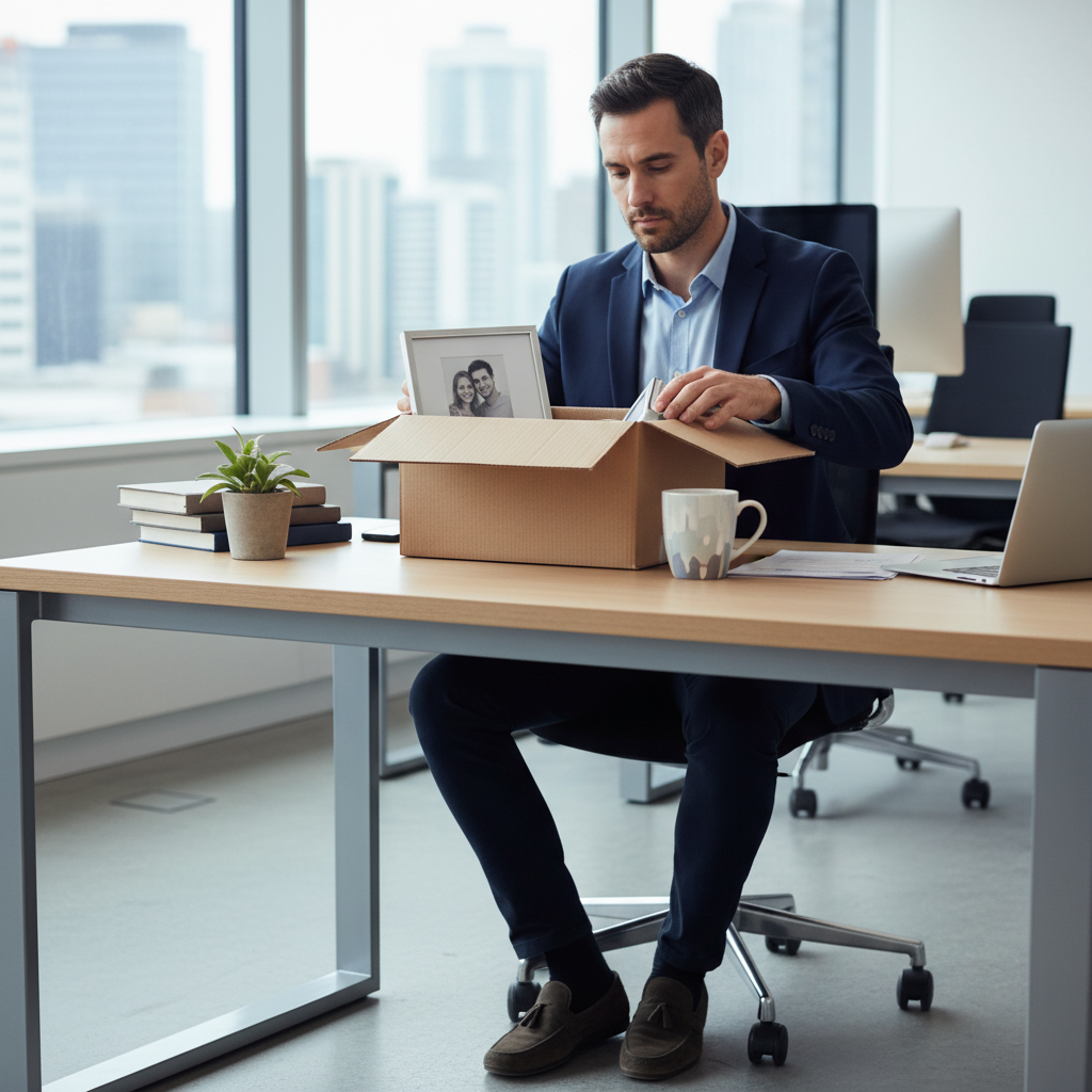 A photorealistic image of a professional in a modern office setting, looking thoughtful while packing personal items into a box on their desk, symbolizing the end of employment and the context of a termination letter, with no children or documents visible.