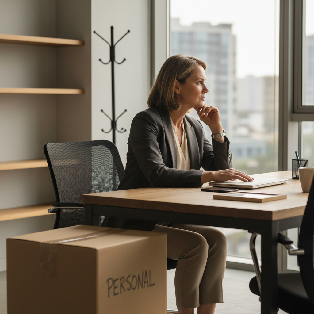 A photorealistic image depicting a professional adult employee in a modern office setting, looking thoughtful and serious as they pack their belongings into a box, symbolizing the end of employment without focusing on any legal documents.
