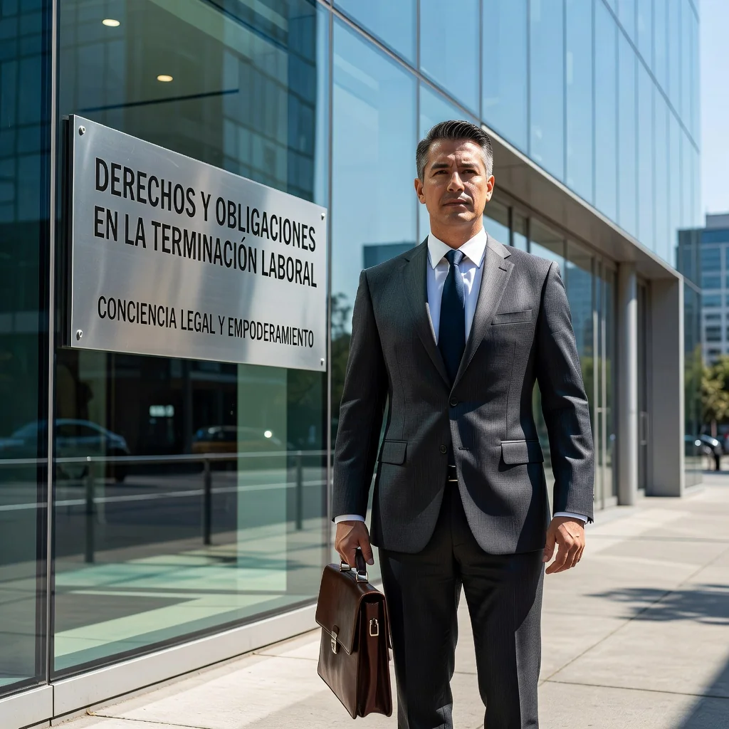 A photorealistic image depicting a professional adult in a business setting, symbolizing the end of an employment relationship, such as an employee packing up their desk in an office or walking out of a corporate building with a sense of closure, conveying themes of rights and obligations in termination without focusing on documents.