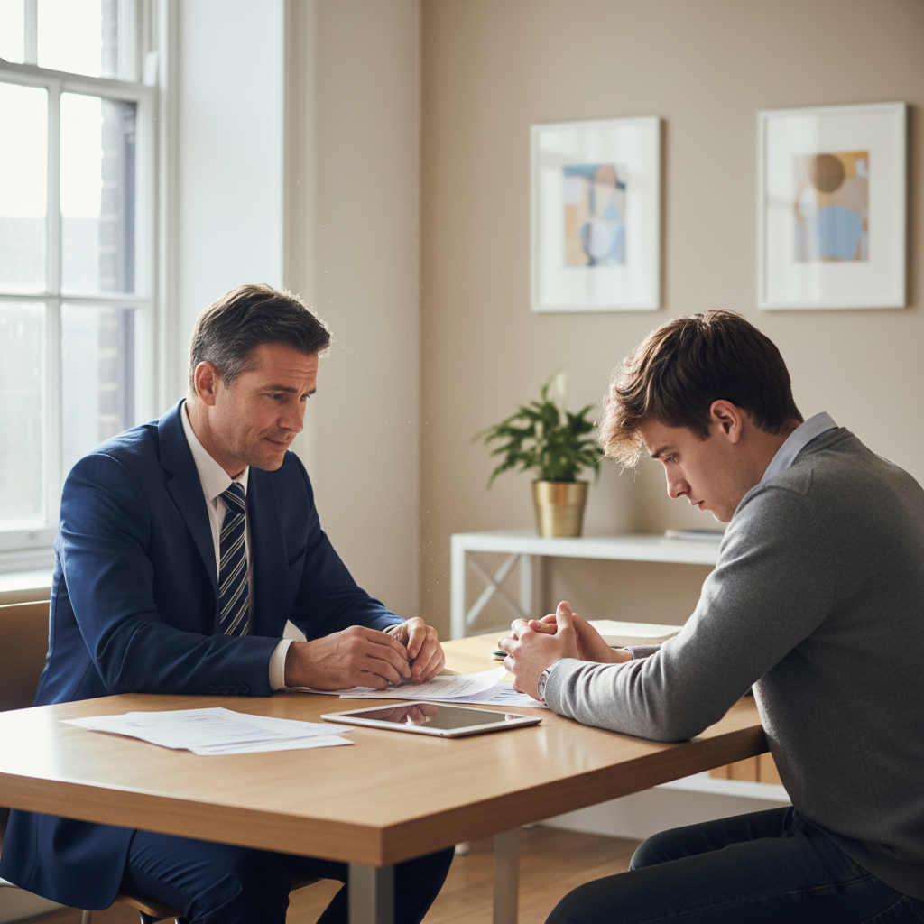 A professional office setting in the UK, showing a manager conducting a compassionate dismissal meeting with an adult employee across a desk, with subtle UK elements like a Union Jack in the background, conveying empathy and professionalism.