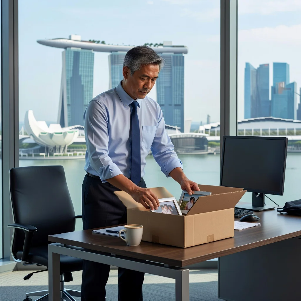 A professional scene depicting the end of an employment relationship in a Singapore office setting, focusing on a business professional thoughtfully packing personal items from their desk, symbolizing job termination, with a city skyline view of Singapore in the background to localize the context. The image conveys a sense of closure and transition without showing any distress or legal elements.