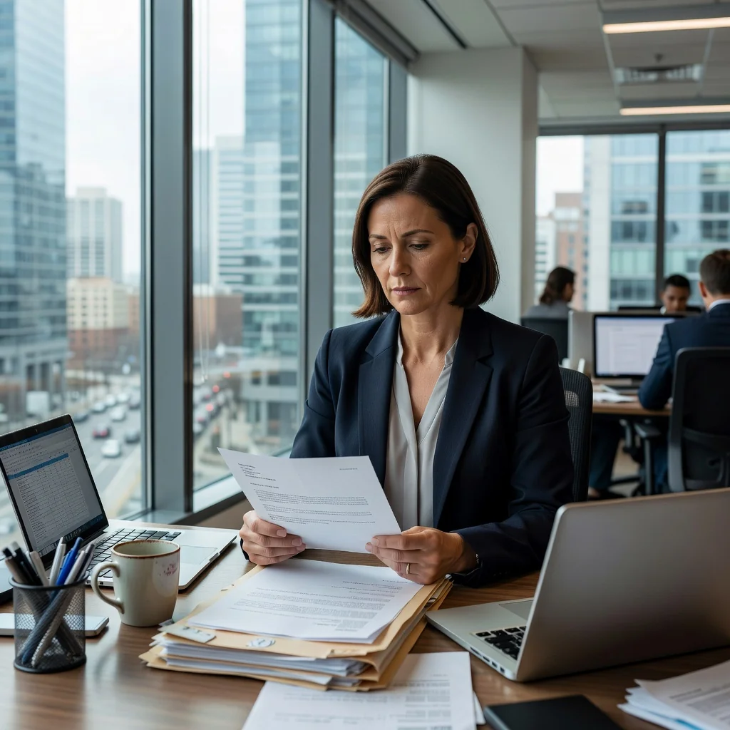 A photorealistic image depicting a professional adult in a modern office setting, looking contemplative while packing personal items into a box, symbolizing the end of employment without showing any legal documents. The scene conveys a sense of transition and closure in a workplace environment, with no children present.