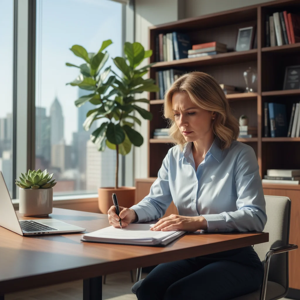A photorealistic image of a professional adult in a modern office setting, looking determined while reviewing paperwork at a desk, symbolizing the decision to end employment, with no children present.