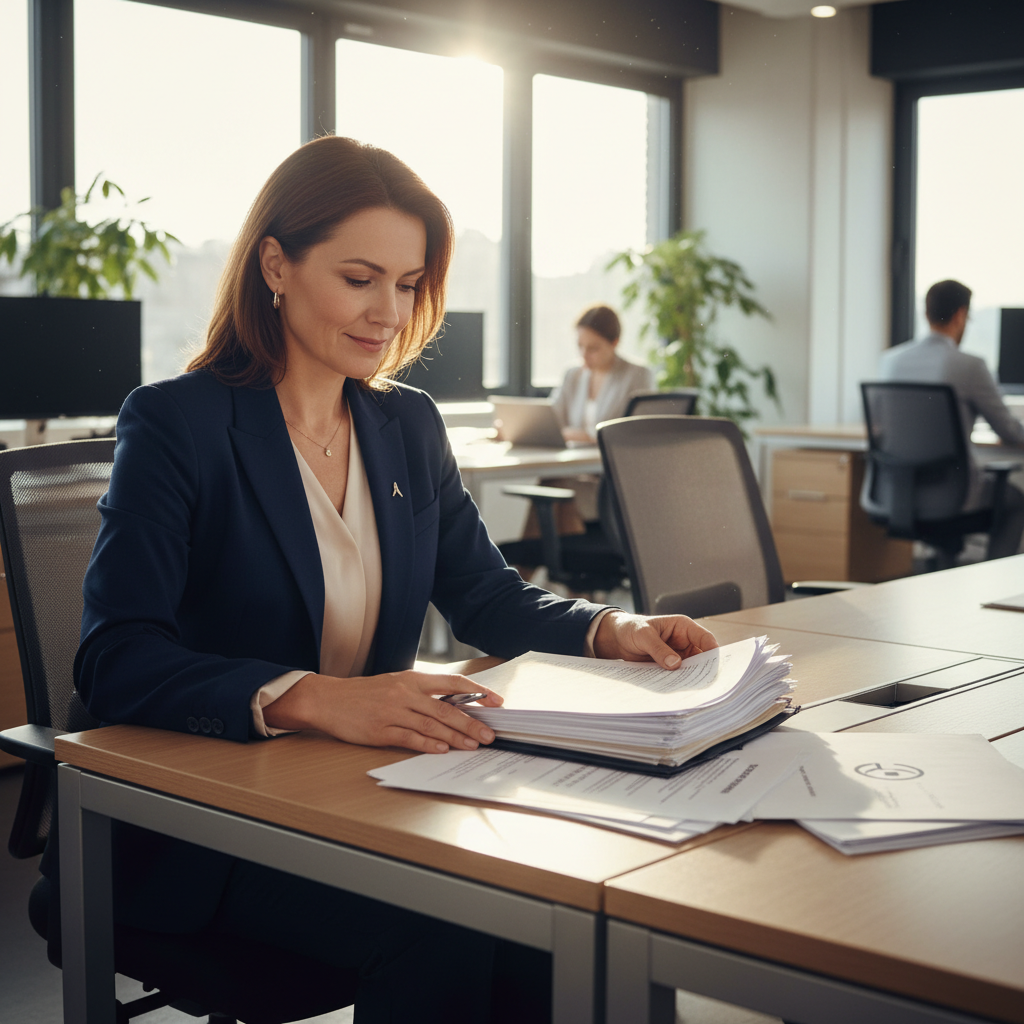 A photorealistic image of an adult employee in a professional office setting, looking thoughtful and determined while reviewing important career documents on their desk, symbolizing employee rights and support after receiving a termination notice.