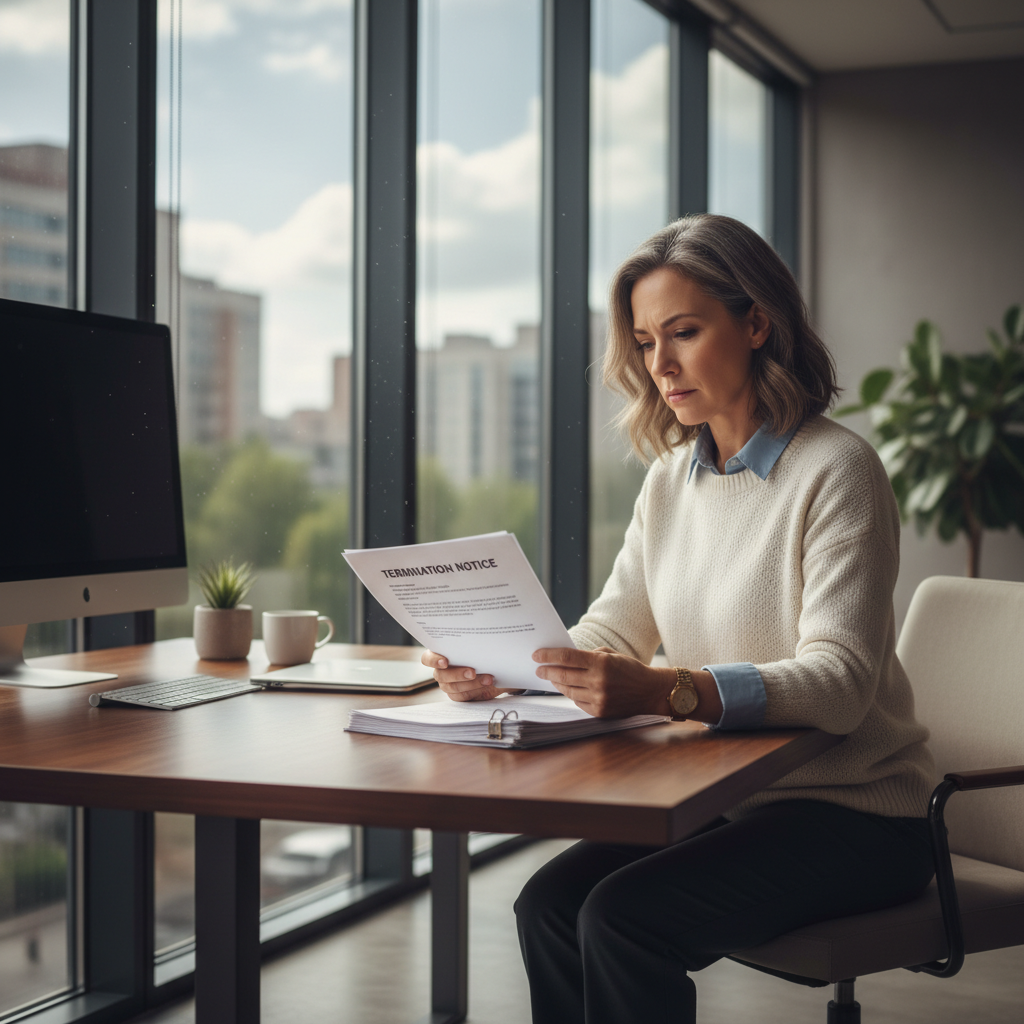A photorealistic image of a professional adult employee in a modern office setting, looking thoughtful while reviewing paperwork at a desk, symbolizing the decision-making process related to employment termination notices in the workplace. The scene conveys a sense of seriousness and professionalism without showing any legal documents directly.