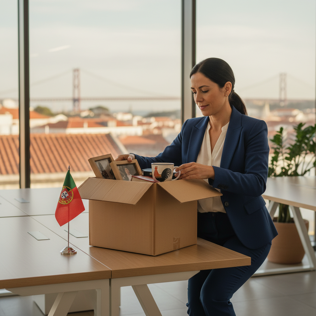 A photorealistic image depicting an adult professional in their 30s or 40s, looking thoughtful and relieved while packing personal items into a box at an empty office desk, symbolizing the end of an employment contract in Portugal, with subtle Portuguese elements like a flag or Lisbon skyline in the background, no children present.