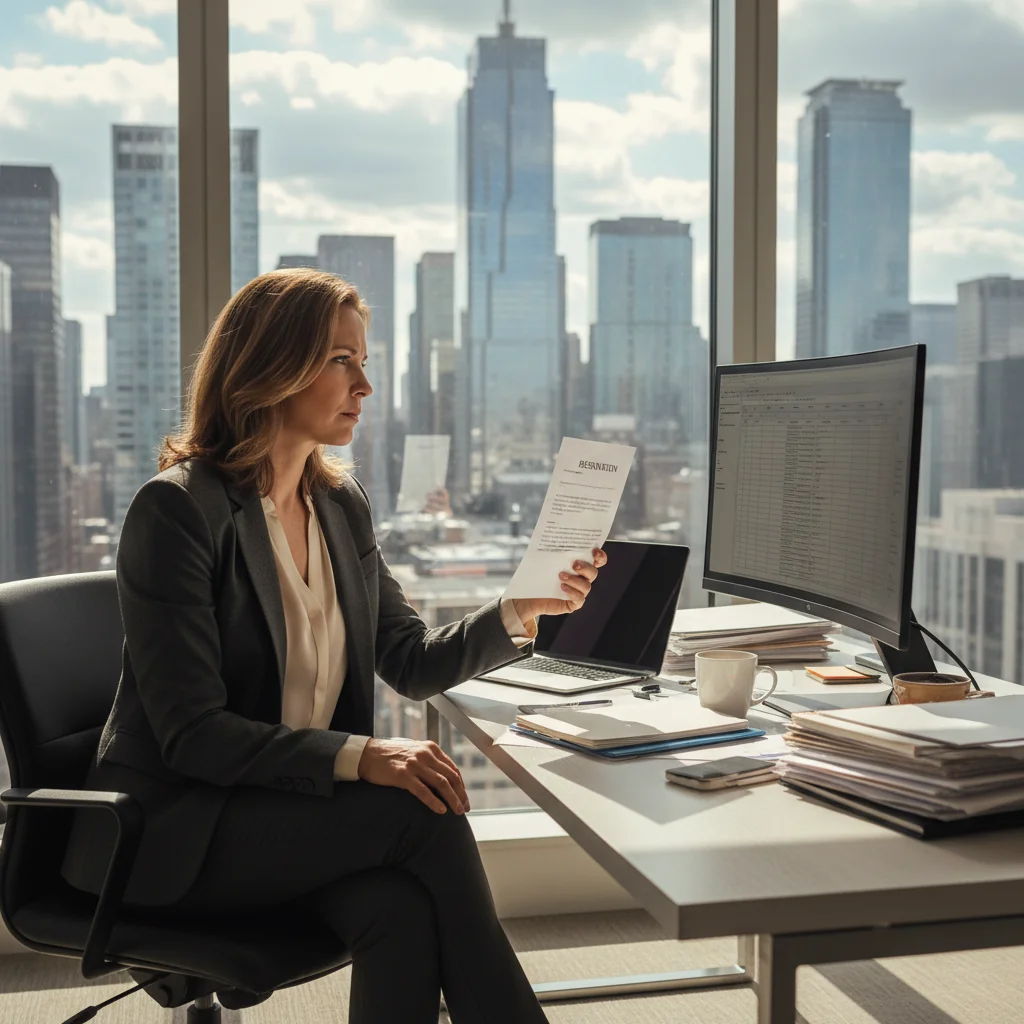 A photorealistic image depicting an adult professional in a modern office setting, looking thoughtful while packing personal items into a box on their desk, symbolizing the end of an employment contract, with subtle elements like a calendar showing a resignation date, conveying a sense of closure and transition in a professional environment.