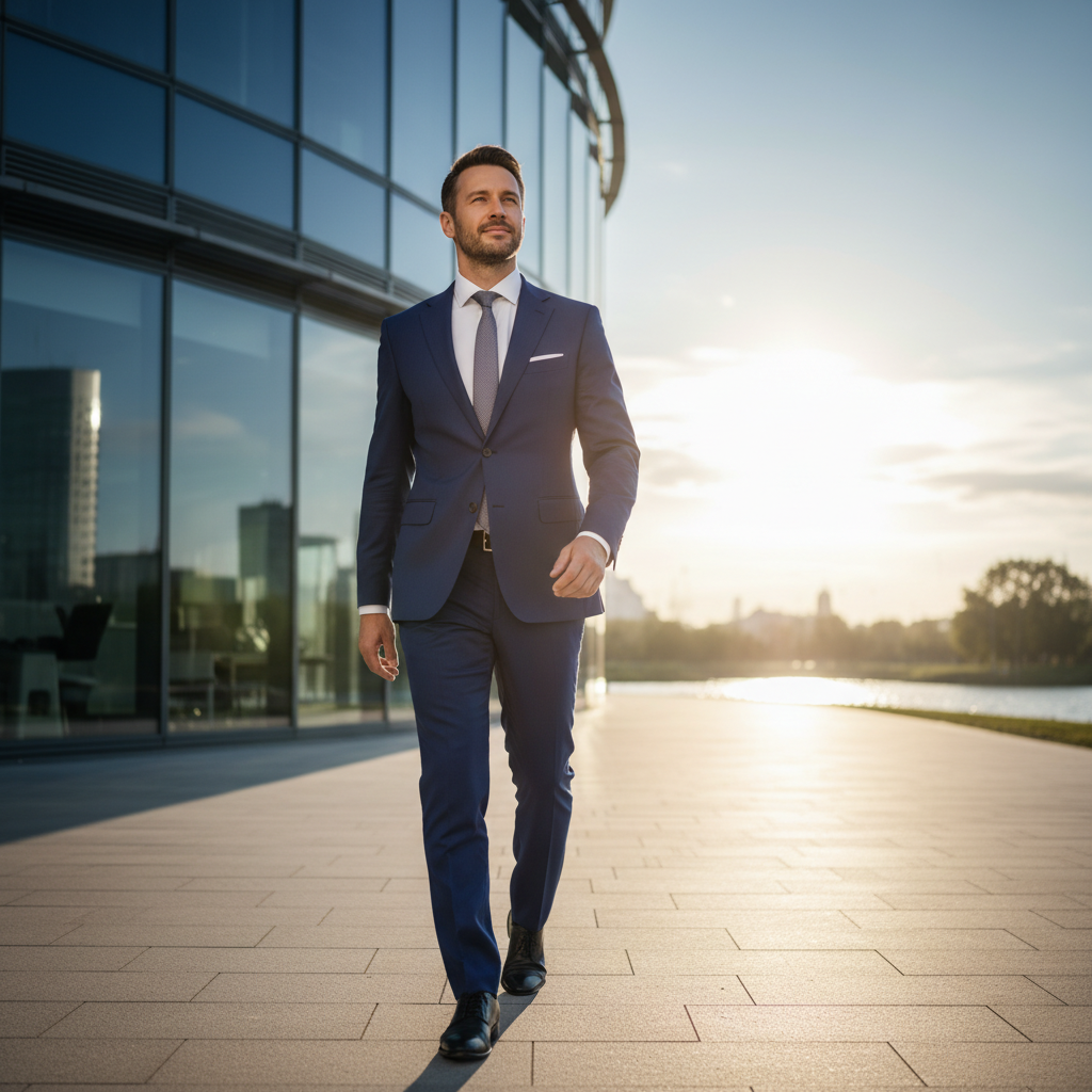 A photorealistic image of a professional adult in their mid-30s, looking relieved and empowered while walking away from a modern office building on a sunny day, symbolizing the decision to end an employment relationship through termination.