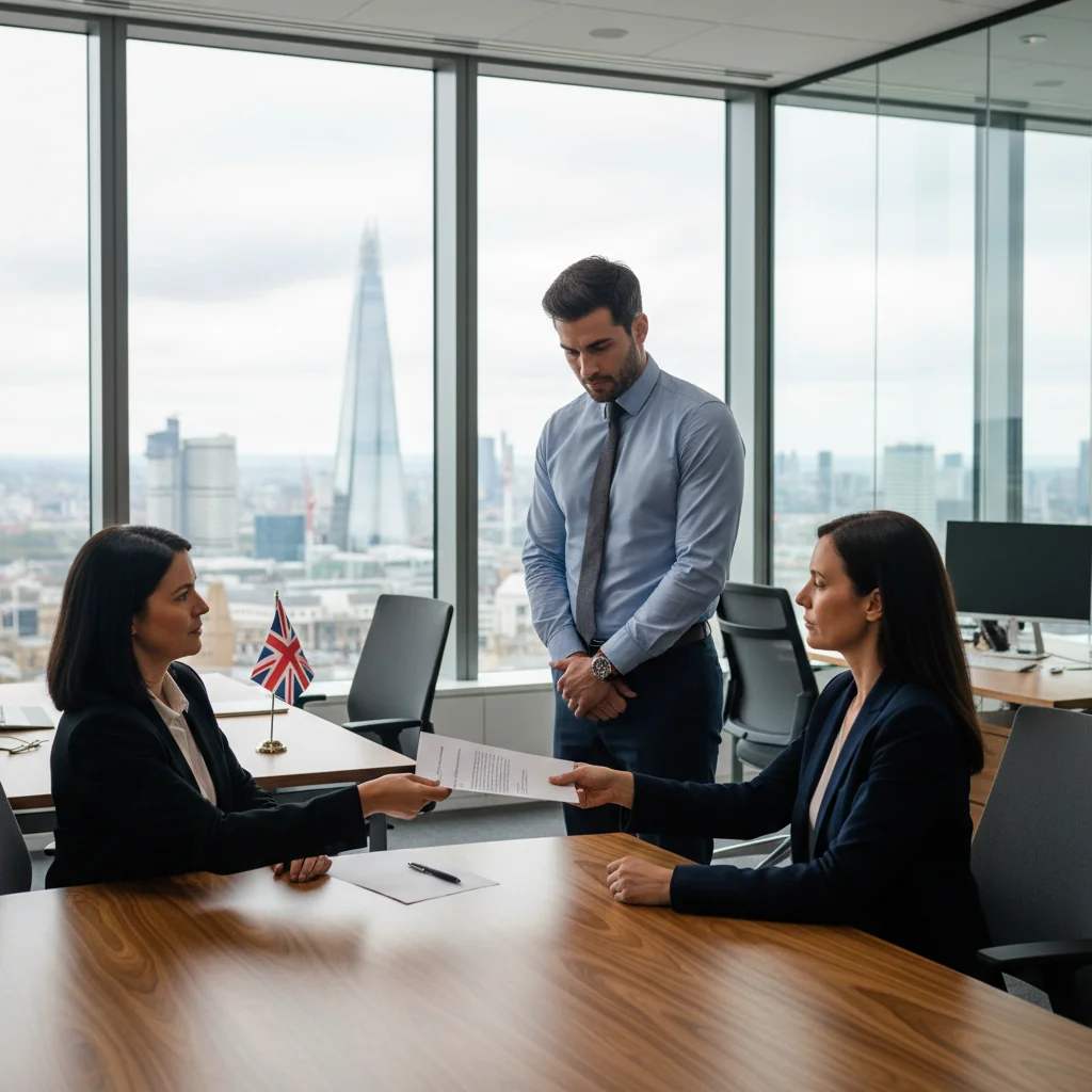A photorealistic image depicting a tense professional meeting in a modern UK office, where a middle-aged businesswoman in business attire is handing a dismissal letter to a surprised male employee across a desk, symbolizing the careful handling of employment terminations to avoid common mistakes, with no children present and focusing on adult professionals only.