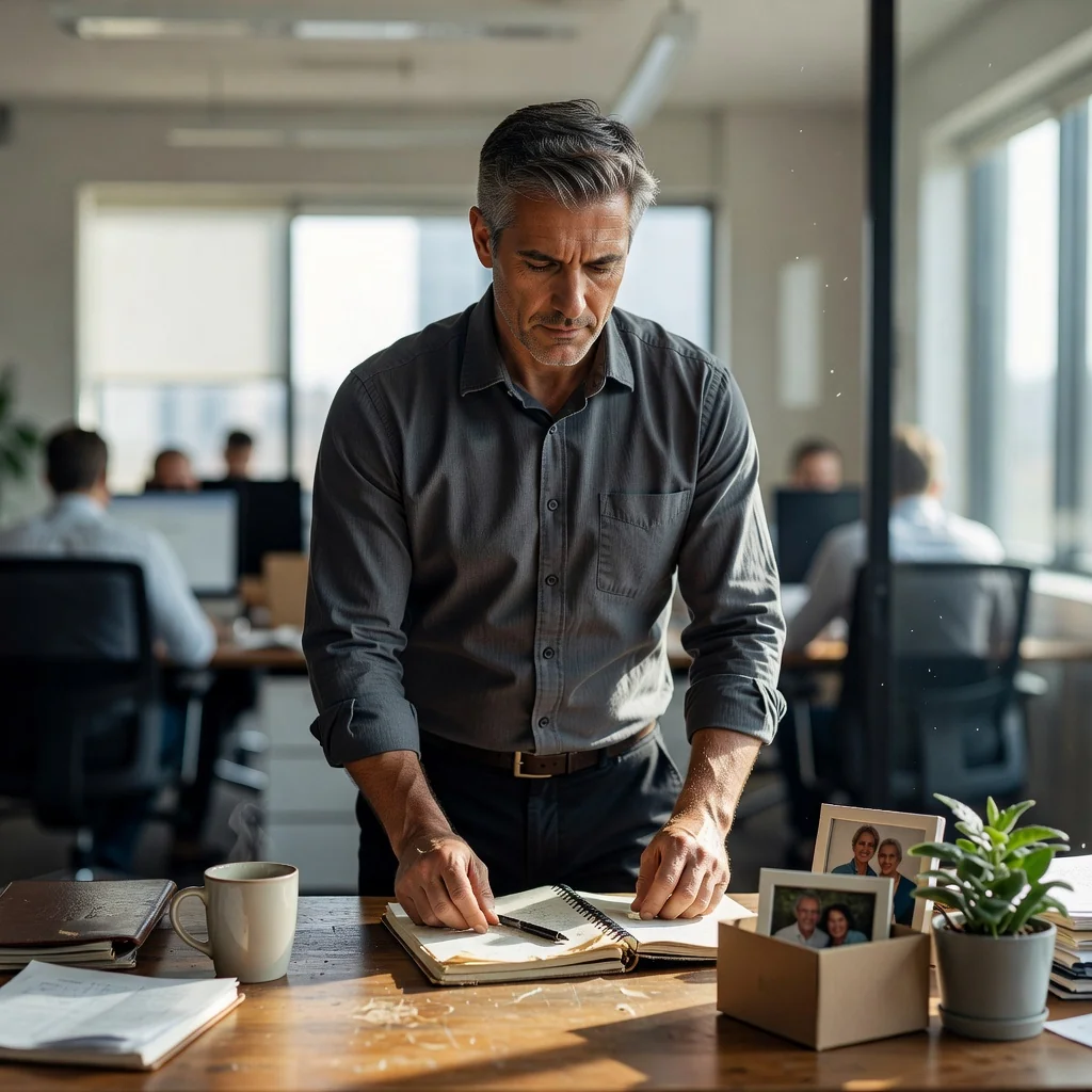 A photorealistic image depicting a professional adult employee in a modern office setting, looking thoughtful and relieved as they pack up their belongings from their desk, symbolizing the end of an employment relationship without focusing on any documents.