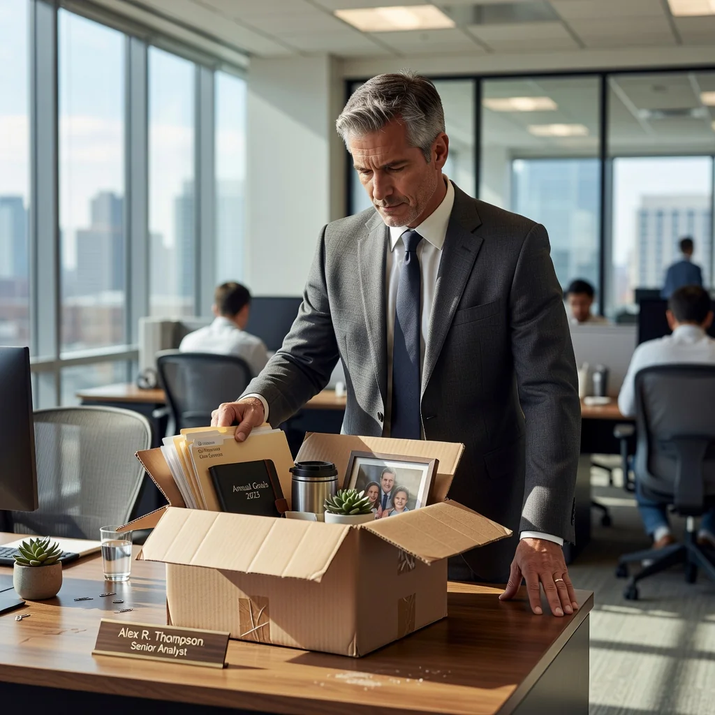A photorealistic image depicting a professional adult employee in a modern office setting, looking thoughtful while packing personal items into a box, symbolizing the end of employment, with a subtle expression of transition or closure, no legal documents visible, no children present.