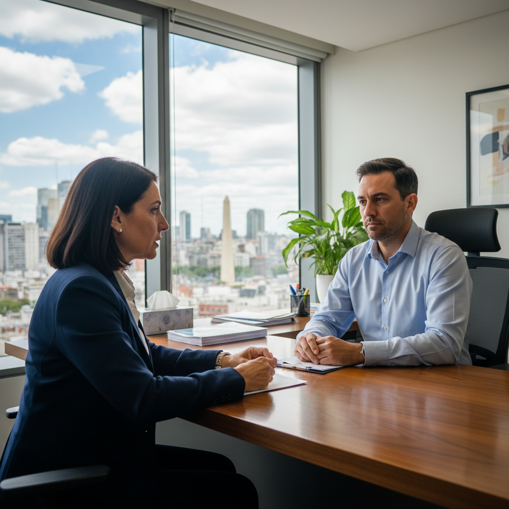 A photorealistic image depicting a professional business meeting in an office setting in Argentina, where a manager is calmly discussing employment changes with an adult employee across a desk, conveying a sense of formal communication and resolution, with subtle Argentine elements like a flag or cityscape in the background, no children present.