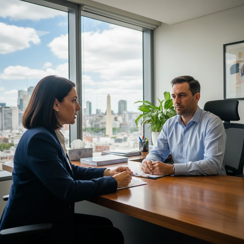 A photorealistic image depicting a professional business meeting in an office setting in Argentina, where a manager is calmly discussing employment changes with an adult employee across a desk, conveying a sense of formal communication and resolution, with subtle Argentine elements like a flag or cityscape in the background, no children present.