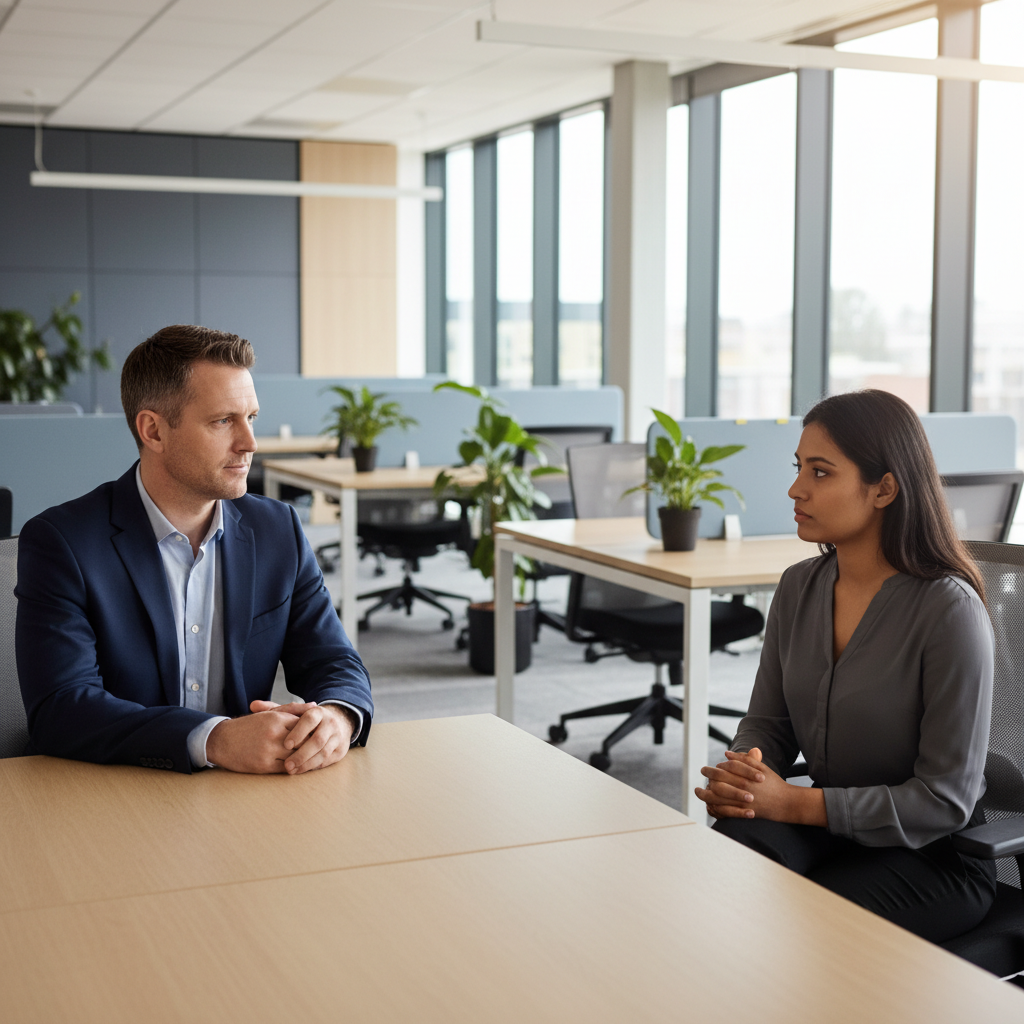 A photorealistic image depicting a professional business meeting in a modern office where a manager is calmly discussing employment matters with an adult employee, symbolizing the formal process of dismissal under UK employment law, with no legal documents visible, focusing on the human aspect of workplace transitions.