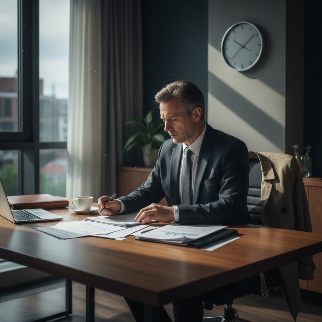 A photorealistic image depicting a professional adult employee in a modern office setting, looking thoughtful while packing personal items into a box, symbolizing the end of employment, with a subtle sense of transition and professionalism in the background.
