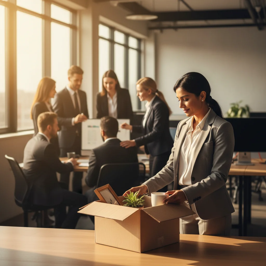A professional office scene depicting an employee packing up their desk with a thoughtful expression, symbolizing the end of employment, with subtle elements like a handshake in the background or an open door leading to new opportunities, in a modern workplace setting.