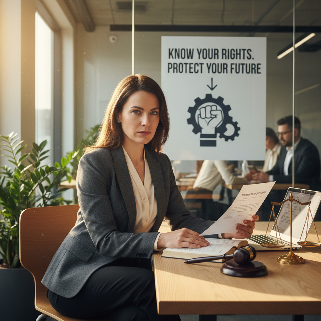 A photorealistic image of an adult worker in a professional office setting, looking determined and empowered while reviewing important documents with a confident expression, symbolizing knowledge of worker rights during dismissal, no children present, highly detailed and realistic photography style.