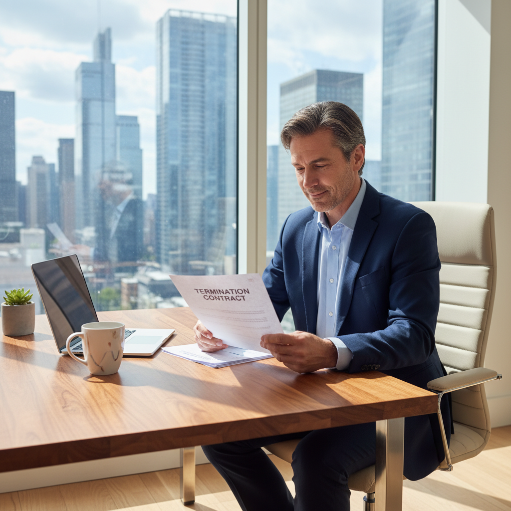 A photorealistic image of a confident adult worker reviewing important employment documents at a desk in a modern office, symbolizing the protection of workers' rights in contract termination, with no children present.