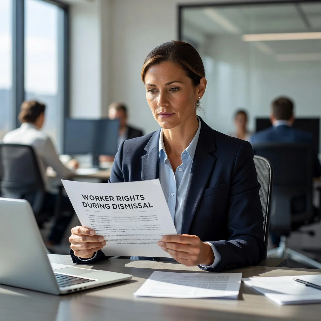 A photorealistic image depicting an adult worker in a professional office setting, looking determined and empowered while reviewing important papers related to employment rights, symbolizing protection against unfair dismissal. The scene conveys a sense of security and justice in the workplace, with no children present.