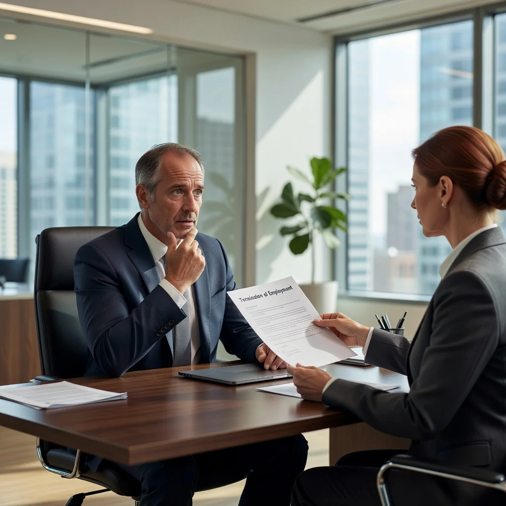 A professional office scene depicting an employee receiving a termination notice from a manager, symbolizing the purpose of a dismissal letter, with a serious and empathetic atmosphere, no children present.