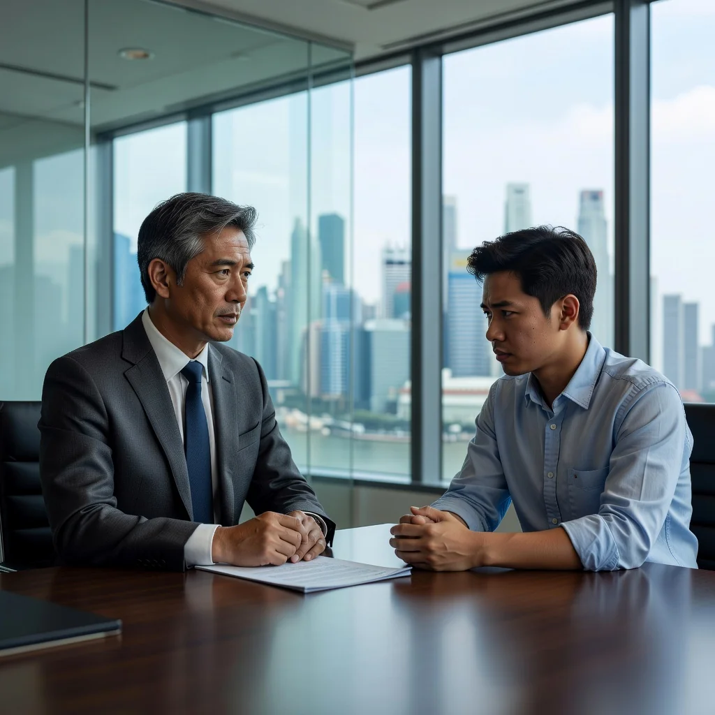 A photorealistic image depicting a tense meeting between a manager and an employee in a modern Singapore office, symbolizing the end of employment without showing any documents or children.