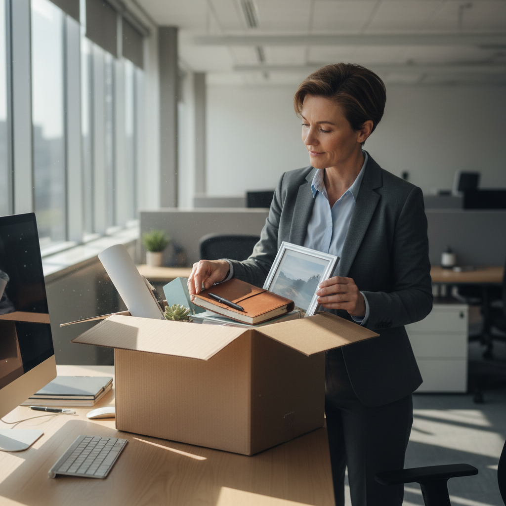 A photorealistic image depicting a professional adult in an office setting, symbolizing the end of employment, such as a person packing personal items from their desk with a thoughtful expression, conveying themes of change and transition in a work environment. No children are present in the image.