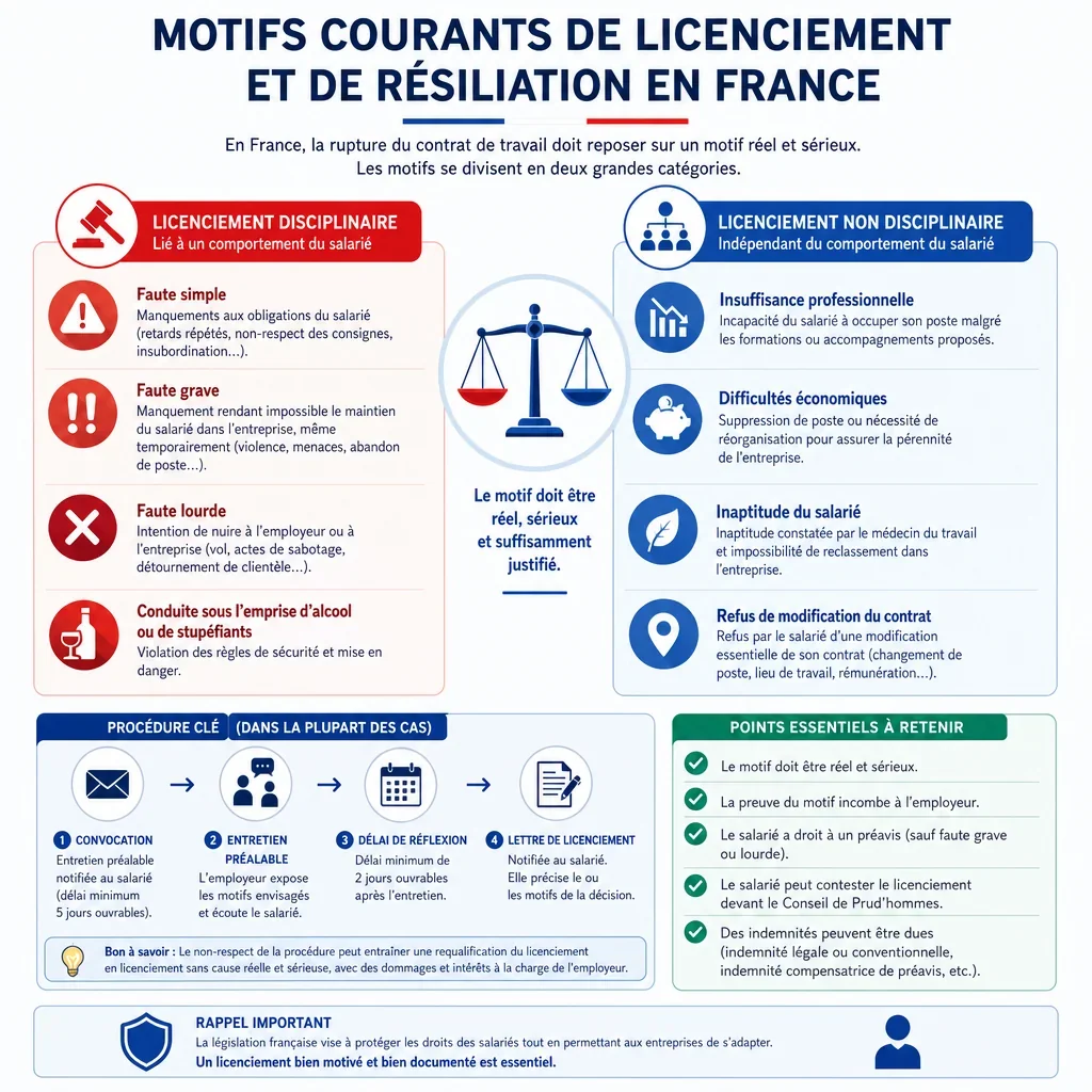 Motifs courants de licenciement et de résiliation