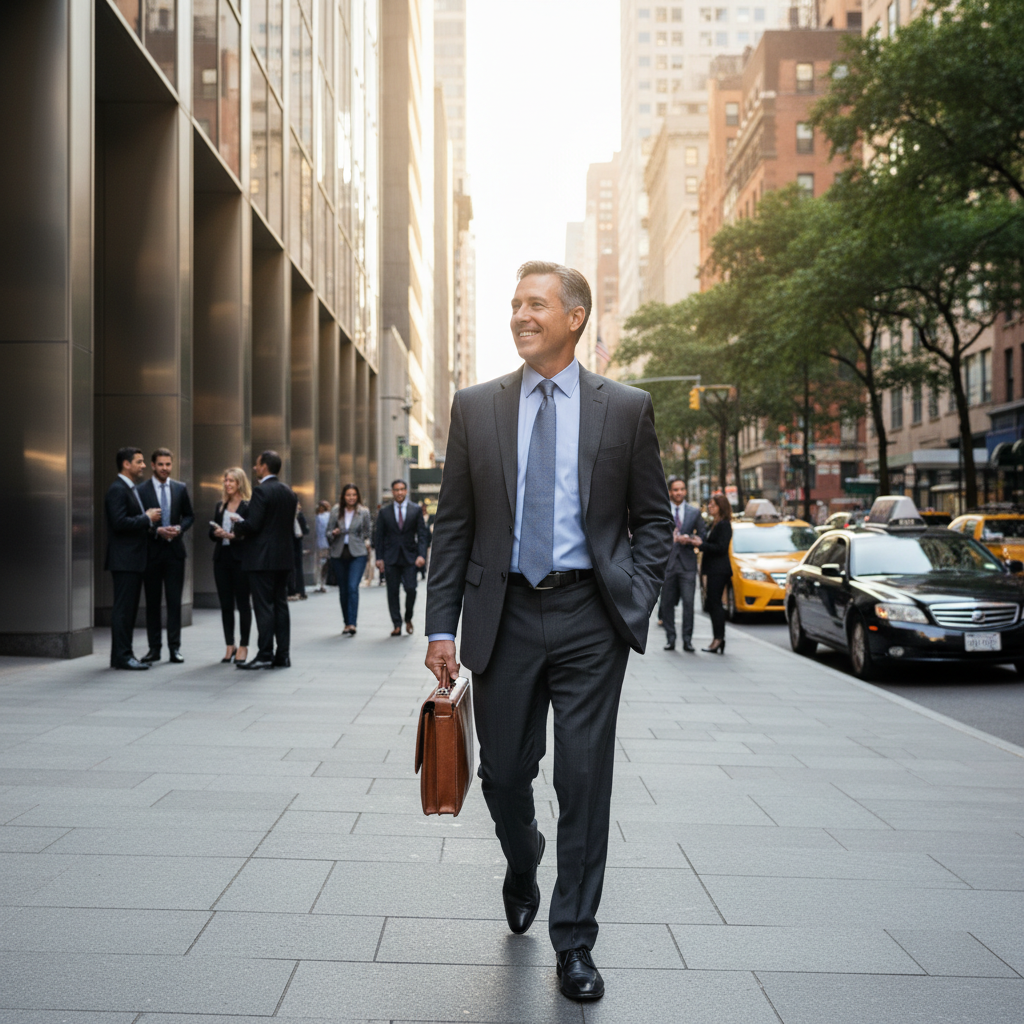 A photorealistic image of an adult professional looking relieved and empowered while walking away from an office building, symbolizing the decision to quit a job, with a subtle sense of freedom and new beginnings in a modern urban setting.