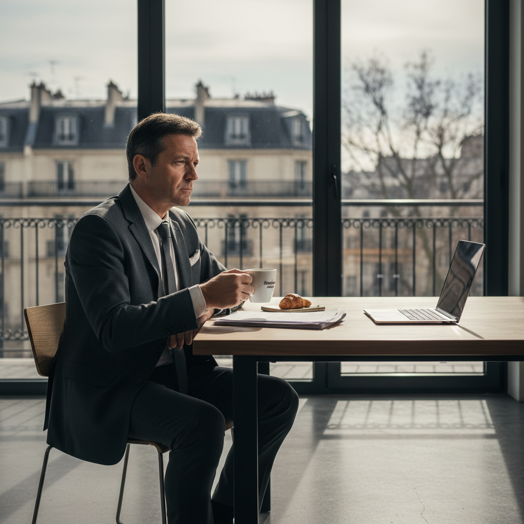 A photorealistic image depicting a thoughtful adult professional in a modern office setting, looking contemplative about their career, symbolizing personal reasons for employment termination in France, with no children present.