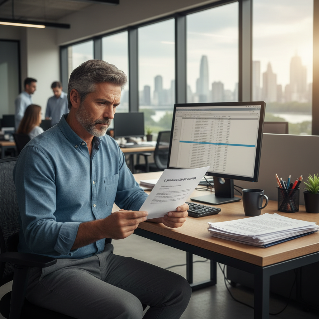 A photorealistic image of a concerned adult employee in a professional office setting in Argentina, looking at a dismissal letter on their desk, symbolizing employee rights during termination, with subtle Argentine elements like a flag in the background, no children present.