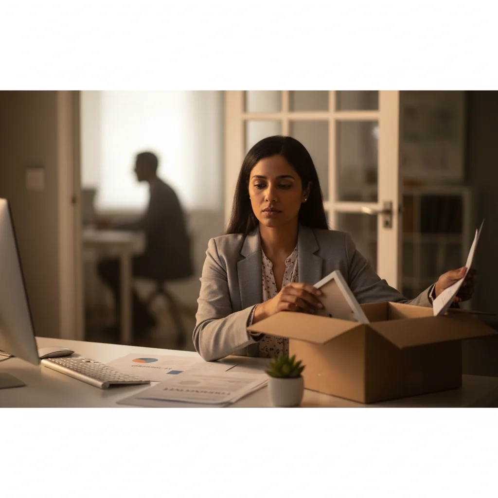 A professional office scene depicting an employee receiving a termination notice from a manager, symbolizing the end of employment relationship, with elements like a handshake or a thoughtful discussion to represent the legal aspects of termination without focusing on the document itself.
