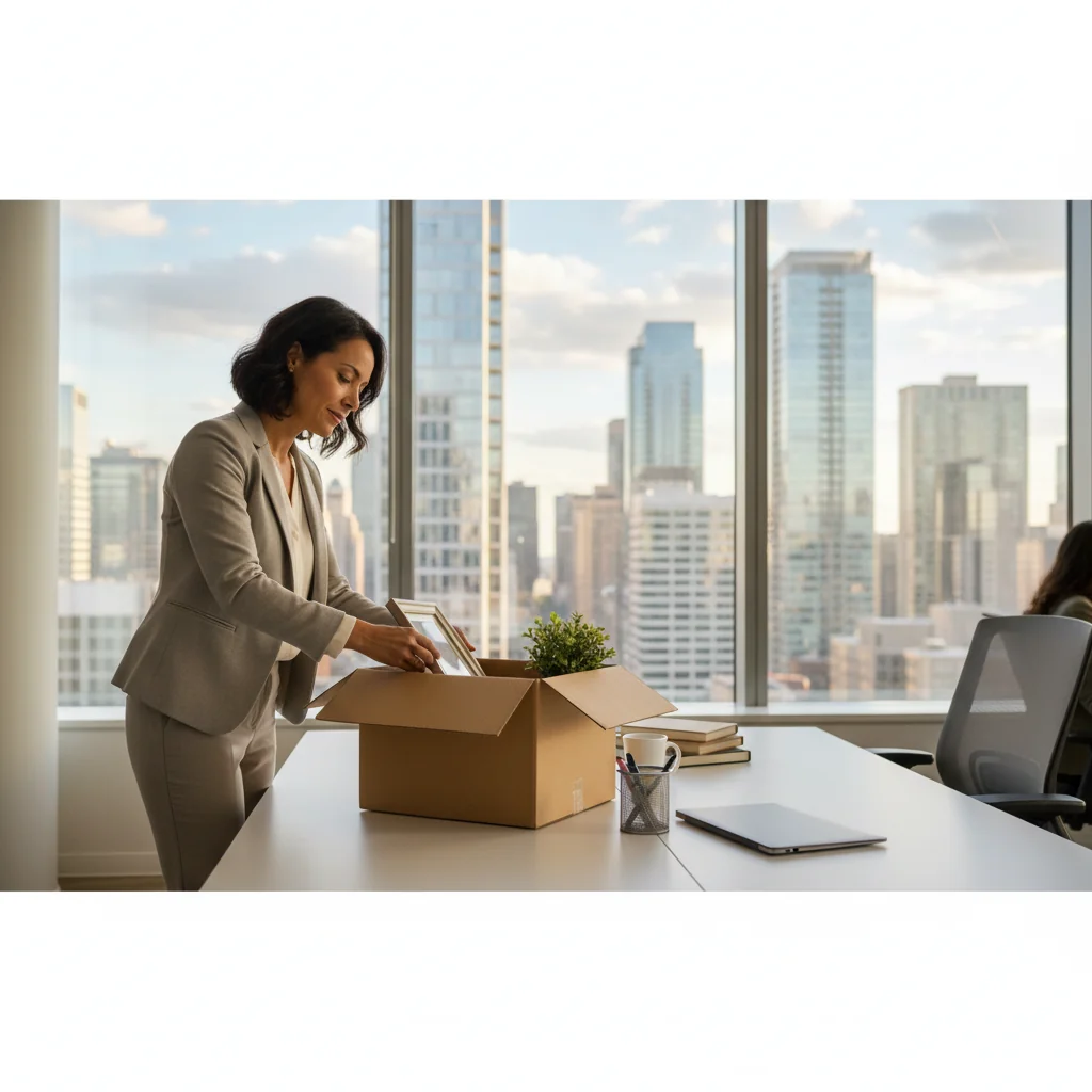 A professional office scene depicting an employee packing up their belongings from their desk, with a subtle expression of transition, symbolizing the end of employment in a respectful manner, set in a modern US workplace environment.