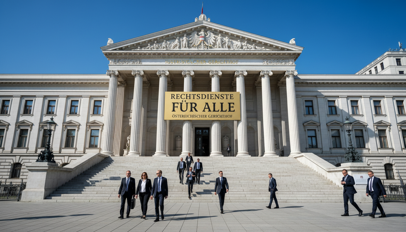 Austrian courthouse exterior with legal symbols