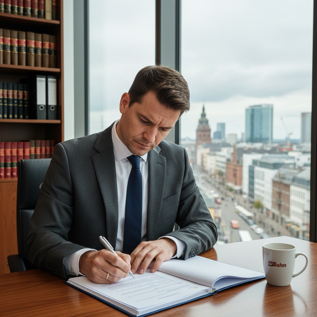 A photorealistic image of a professional adult in their late 30s, dressed in business attire, sitting at a modern office desk with a laptop open, looking thoughtful as they review paperwork, symbolizing the decision to end an employment relationship in Germany. The scene is set in a contemporary German office environment with subtle national elements like a flag or architecture in the background. No children are present in the image.