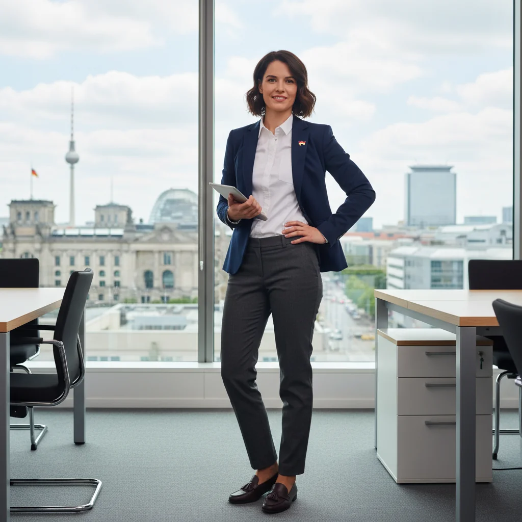 A photorealistic image of a professional adult in a modern German office setting, looking relieved and empowered as they prepare to end an employment relationship, symbolizing the purpose of a termination letter without showing any documents.