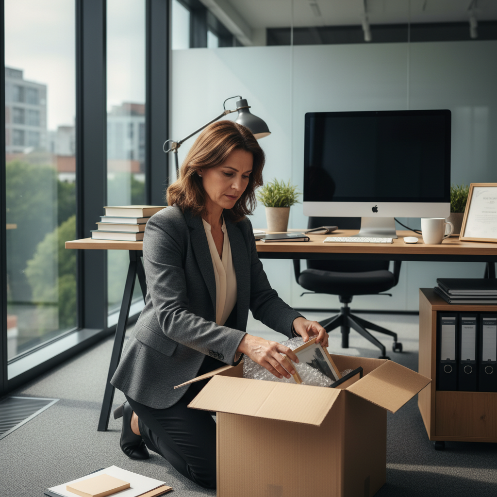 A photorealistic image depicting a professional adult in a business setting, symbolizing the end of employment, such as an adult employee packing personal items from an office desk with a thoughtful expression, conveying the purpose of a dismissal letter without showing any legal documents.