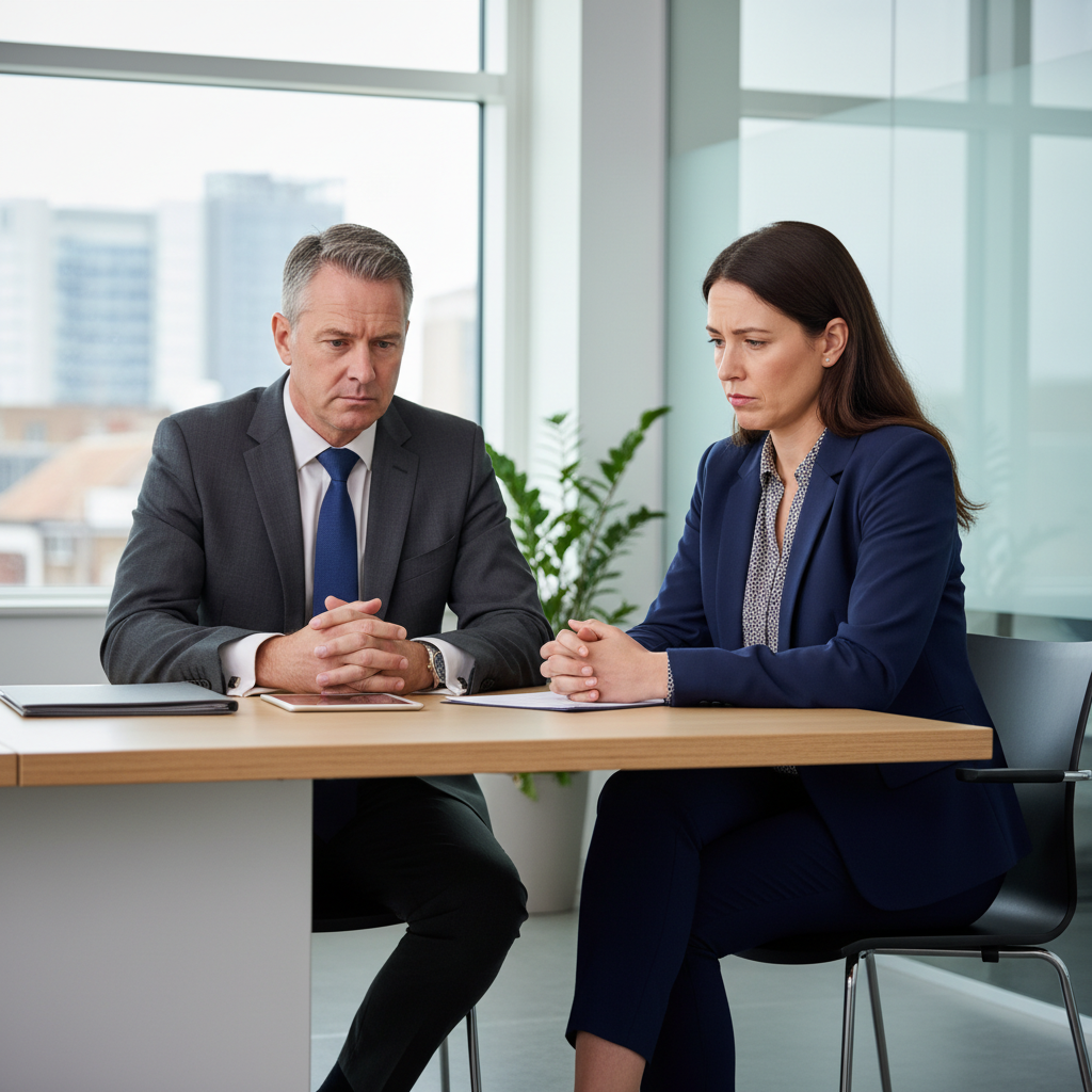A professional office scene depicting a manager conducting a serious termination meeting with an adult employee in a modern UK workplace, symbolizing the purpose of a dismissal letter without showing any documents.