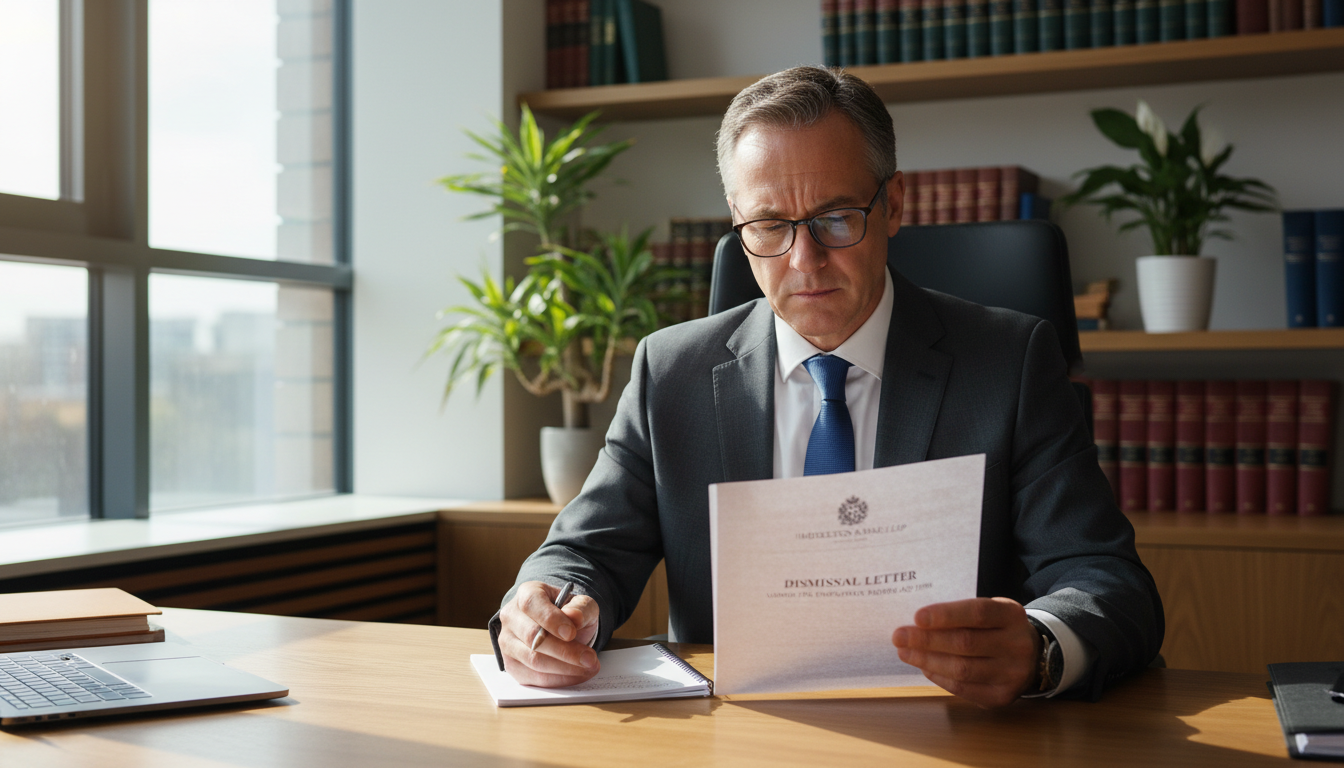 Professional lawyer reviewing dismissal letter