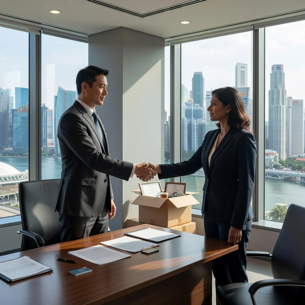 A photorealistic image depicting the end of an employment relationship in a professional Singapore office setting, focusing on an adult professional receiving a termination notice from a manager, conveying a sense of closure and transition without showing distress or the document itself. The scene includes modern office elements like desks and city skyline views to represent Singapore, ensuring no children are present.
