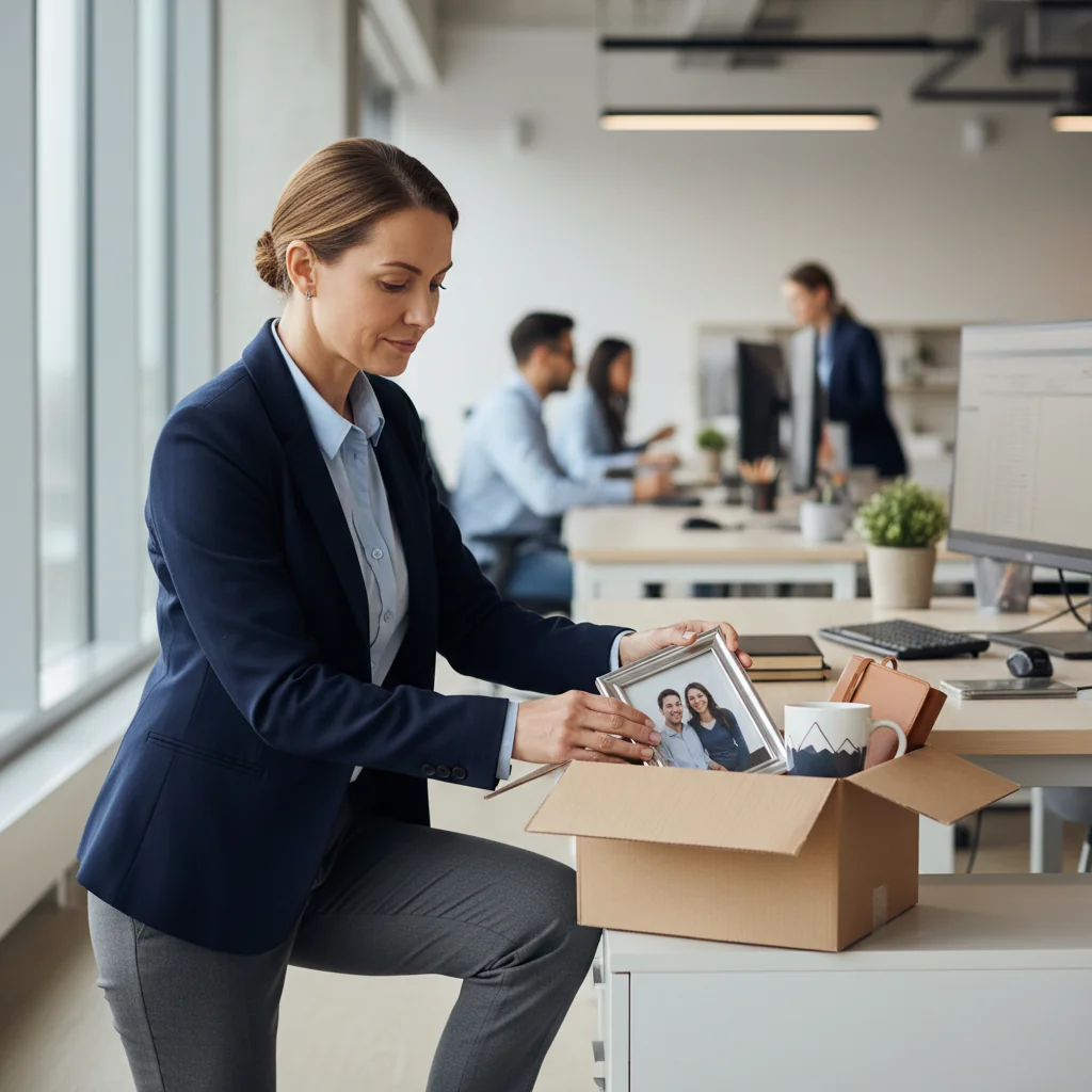 A photorealistic image representing the concept of employment termination in a professional office setting. It shows an adult professional in business attire packing up personal items from their desk in a modern office, with a subtle sense of finality, like placing a box on the desk while colleagues work in the background. No children are present. The image is entirely photorealistic, with no graphics, drawings, or illustrations.