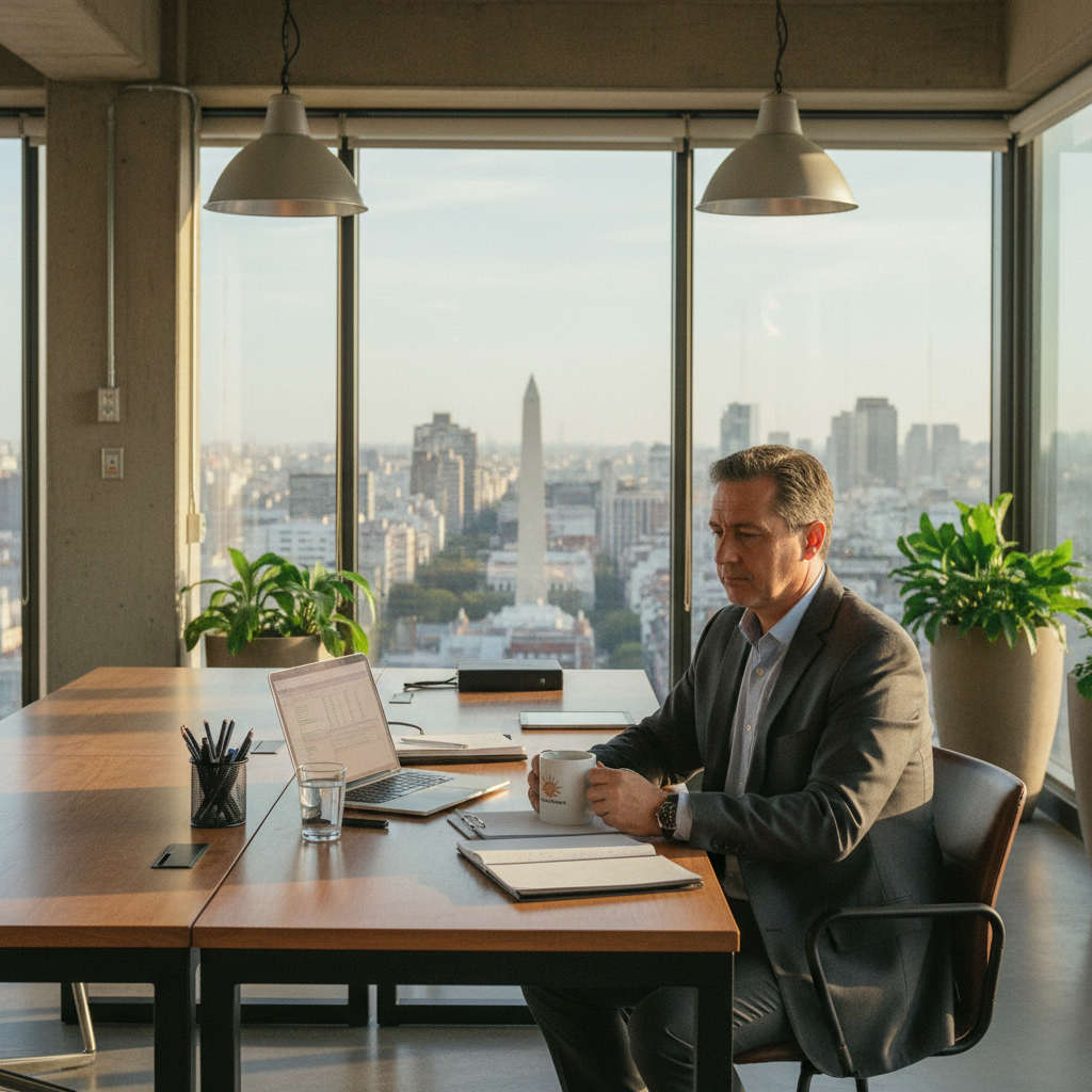 A photorealistic image of an adult professional employee in a modern office setting in Argentina, looking thoughtful and perhaps packing personal items from their desk, symbolizing the end of employment related to a termination notice, with subtle Argentine elements like a flag or cityscape in the background. No children or focus on documents.