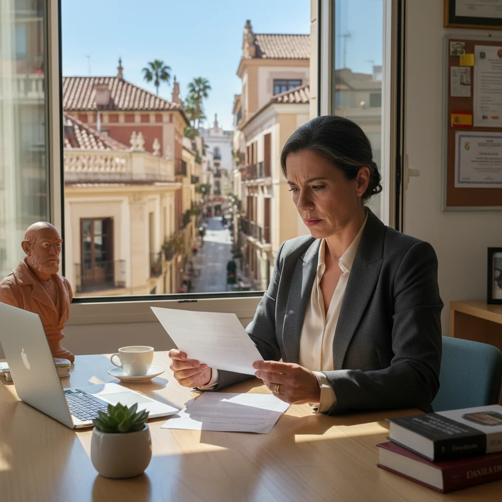 A photorealistic image of a professional adult in a business setting, looking contemplative while reviewing papers at a desk in an office, symbolizing the end of employment related to a dismissal letter in Spain, with no children present.
