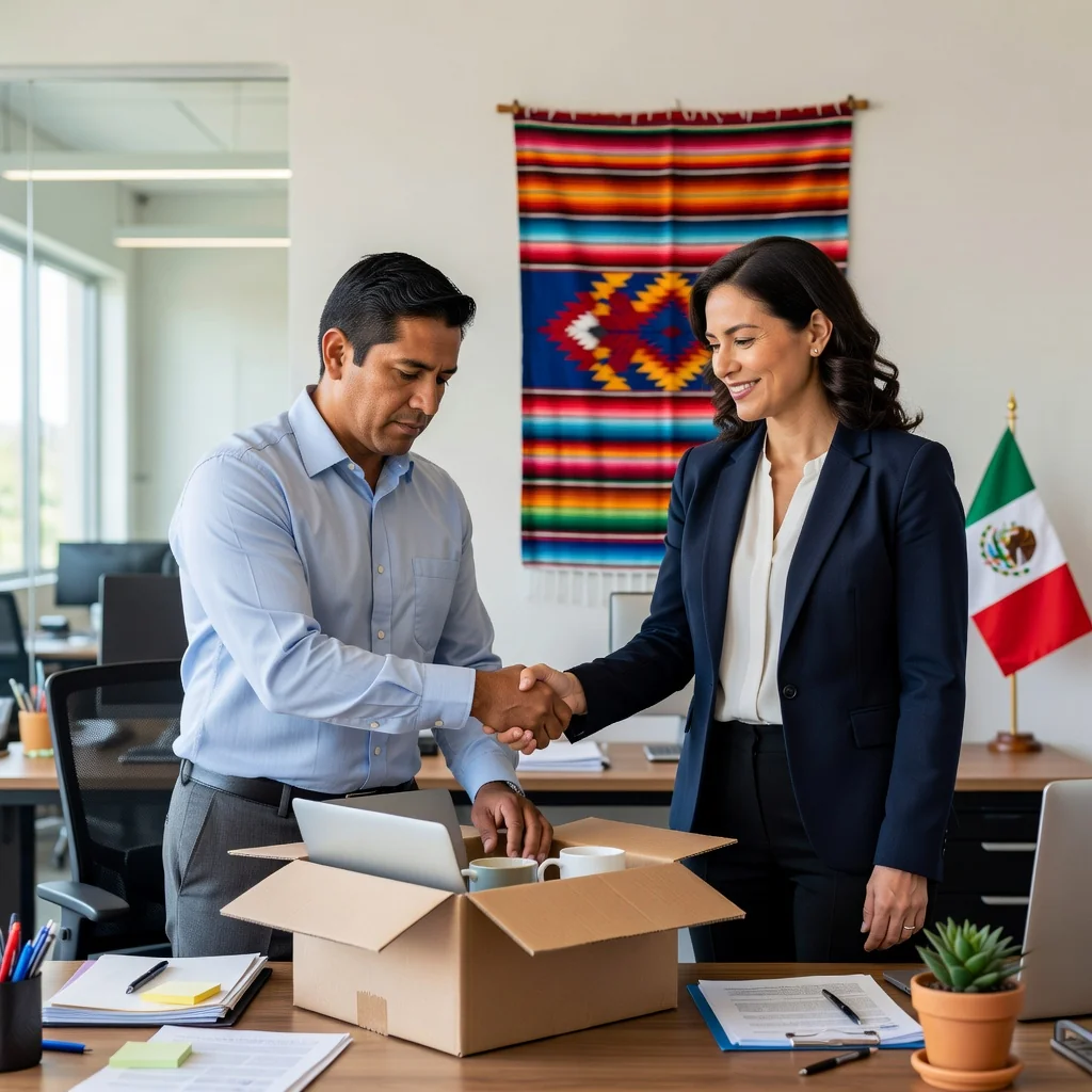 A photorealistic image depicting the end of an employment relationship in a professional office setting in Mexico, showing an adult employee packing personal items from their desk while a colleague offers a handshake in farewell, with subtle Mexican cultural elements like a flag or office decor in the background, conveying a sense of closure and transition.